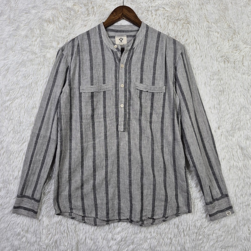 BSBEE Grey Striped Khadi Cotton Band Collar Popover Shirt Mens Small Handmade